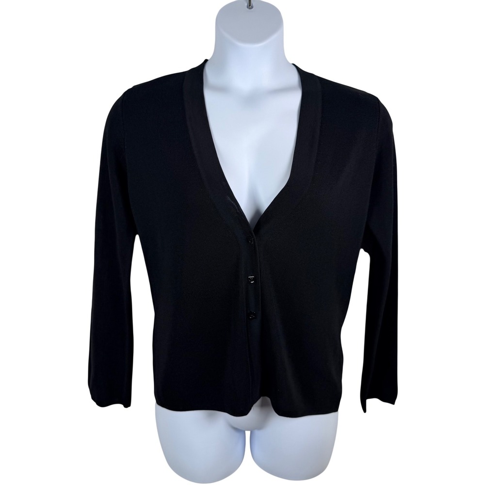 Dana Buchman L Black Silk V-Neck Cardigan Minimalist Office Travel Knit